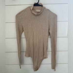 Altar'd State Ribbed Long-Sleeve Turtleneck Bodysuit - Beige